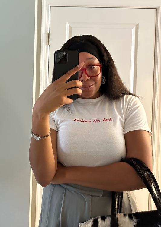 🔥 “Lovebomb Him Back” Baby Tee – White + Red Cursive, Viral Girl Era 🔥